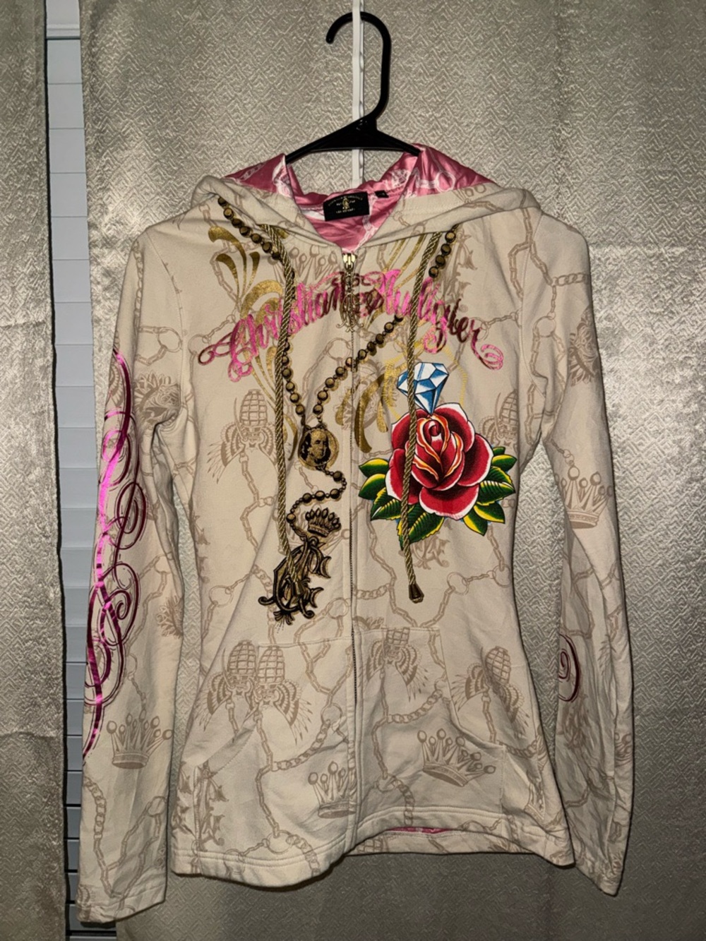 Ed Hardy Christian Audiger Women's Beige Zip-Up Hoodie with Rose Graphic